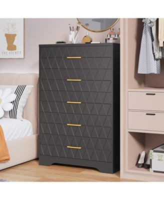 5 Drawer Tall Wood Dresser for Bedroom, Wooden Chest of Drawers with Gold Handles for Closet