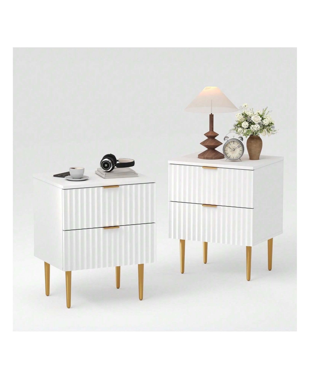 gaomon Modern Nightstand With 2 Drawers Golden And Wood Fluted Night Stand With Charging Station Bedside Table With Usb Ports