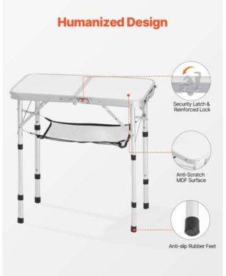 Folding Camping Table, Adjustable Height Aluminum & MDF with Mesh Shelf, Carry Handle, 24x16", Silver