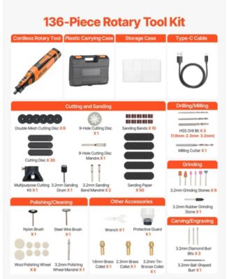 136-Piece Cordless Rotary Tool Kit, DC8V Mini Rotary Tool, 5 Speeds 5000–30000 RPM, Multi-Purpose DIY Tool Set