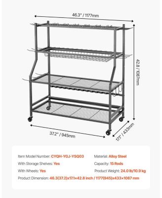 Fishing Rod Holder, 15-Rod Mobile Pole Rack Cart with Wheels for Garage or Home Fishing Gear Storage