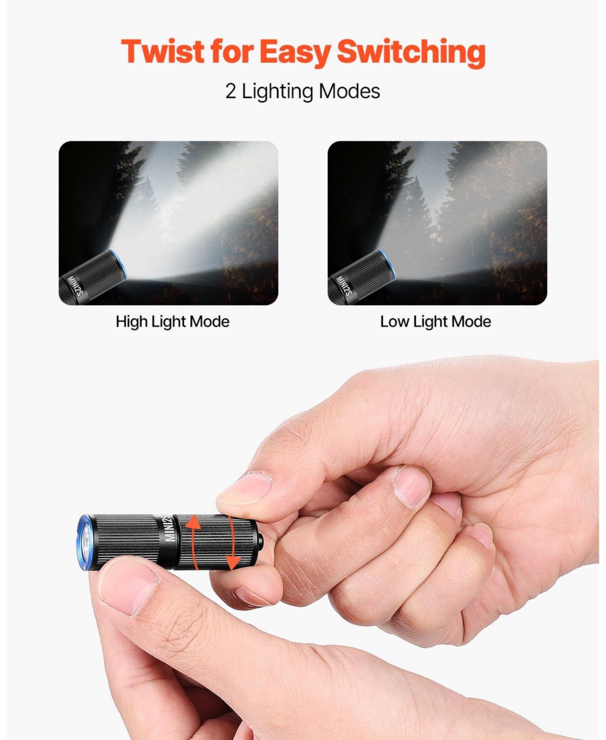 Mecale Rechargeable Mini Keychain Led Flashlight, 200 High Lumens, 2 Lighting Modes, IPX7 Waterproof