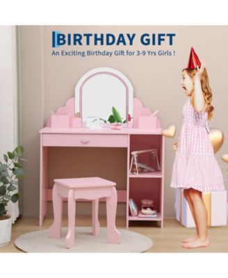 Kids Vanity with Lighted Mirror & Stool, Little Girls Vanity with Adjustable LED Light
