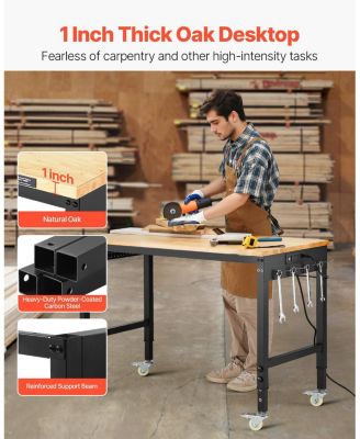 48" Adjustable Workbench, 2000 lb Load, Oak Wood Top Work Table with Power Outlet, Pegboard & Wheels, Heavy-Duty Work Bench