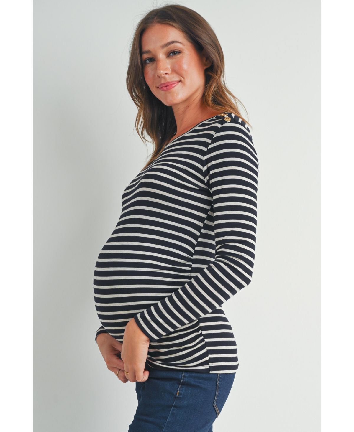 Hello Miz Women's Long Sleeve Side Ruched Striped Maternity Top
