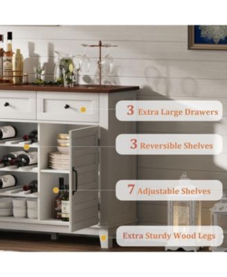 53.5'' Farmhouse Buffet Cabinet with Storage, Storage Cabinet with 3 Drawer, Reversible Wine Rack, Farmhouse Sideboard, Rustic White & Brown