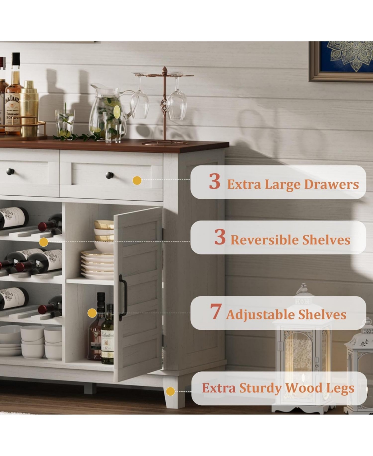 Gaomon 53.5'' Farmhouse Buffet Cabinet with Storage, Storage Cabinet with 3 Drawer, Reversible Wine Rack, Farmhouse Sideboard, Rustic White & Brown