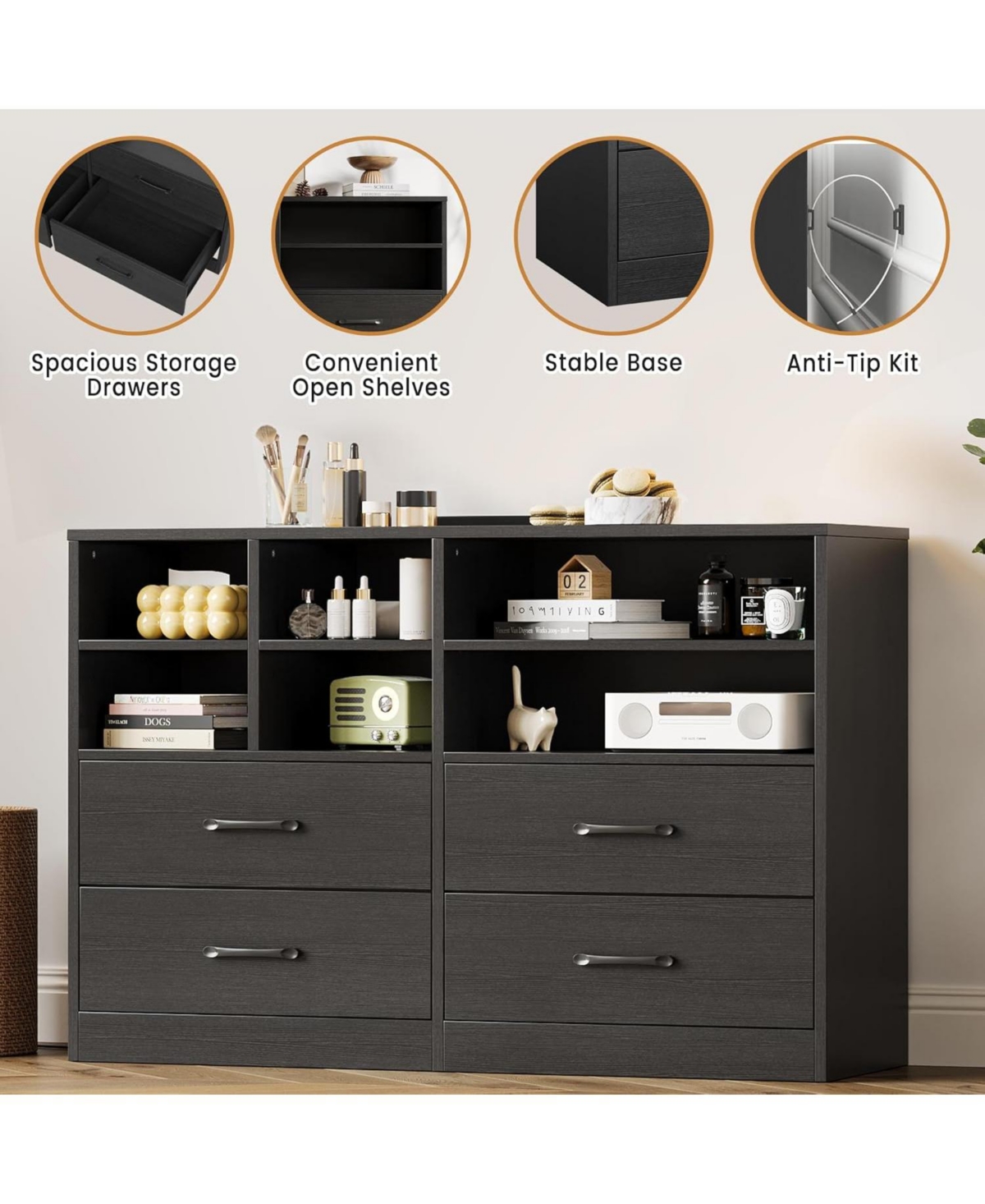 gaomon Dresser for Bedroom with 4 Drawer & 6 Storage Cubbies, Modern Chest of Drawers
