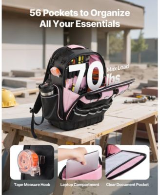 Tool Backpack, 56 Pockets, Heavy-Duty Jobsite Backpack w/ Laptop Compartment & Molded Base, Tradesmen Bag