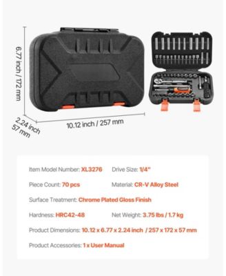 70-Piece 1/4" Drive Socket & Ratchet Set, SAE & Metric, Deep & Shallow, Bits, Accessories, Storage Case, CR-V Steel
