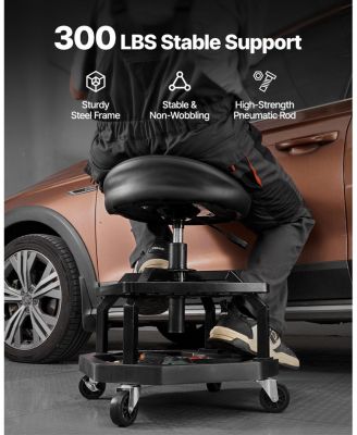 Pneumatic Rolling Shop Stool, Adjustable Height Garage Work Stool, 300 lb Capacity, 360° Swivel Padded Seat with Casters