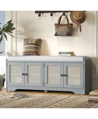 Rustic Wood Entryway Shoe Bench with Cushion and Adjustable Shelves