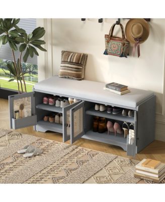 Rustic Wood Entryway Shoe Bench with Cushion and Adjustable Shelves