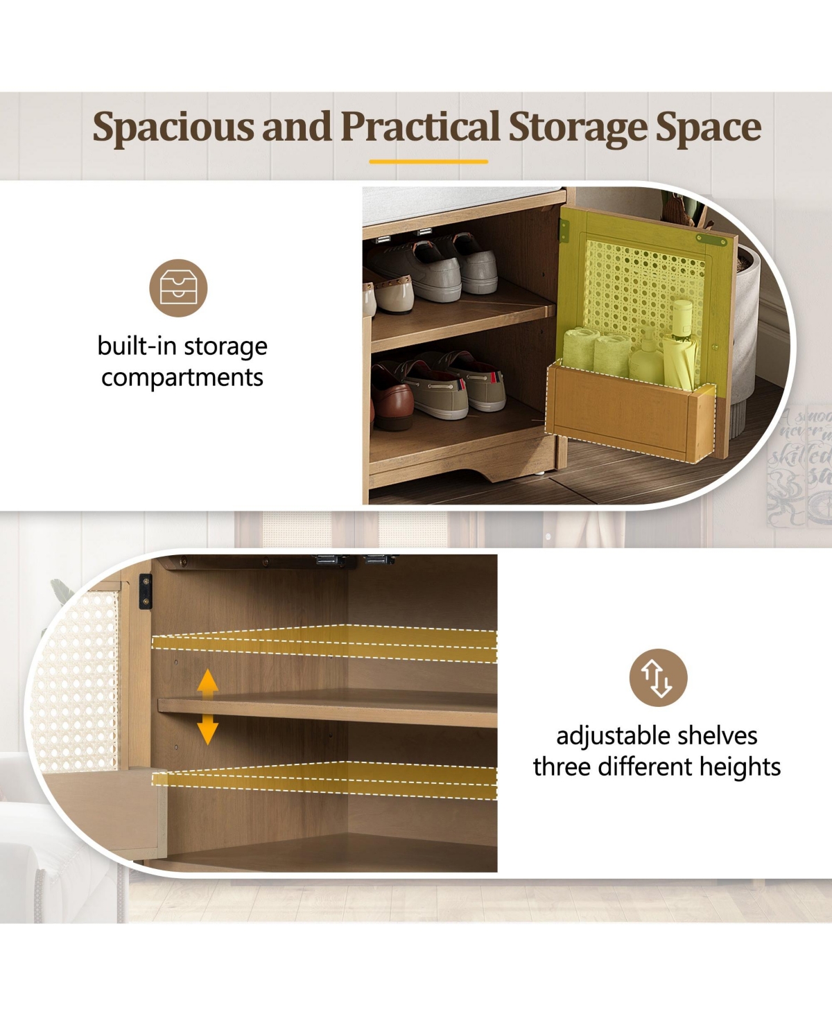 Boyel Living Rustic Wood Entryway Shoe Bench with Cushion and Adjustable Shelves