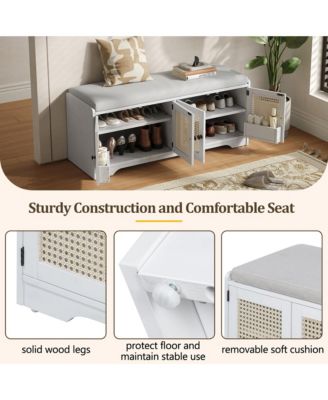 Rustic Wood Entryway Shoe Bench with Cushion and Adjustable Shelves