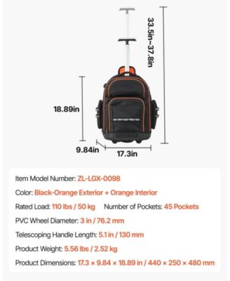 Rolling Tool Backpack on Wheels, 110 lb Capacity, 45 Pockets, Heavy-Duty Tool Organizer, Telescoping Handle, Stable Base