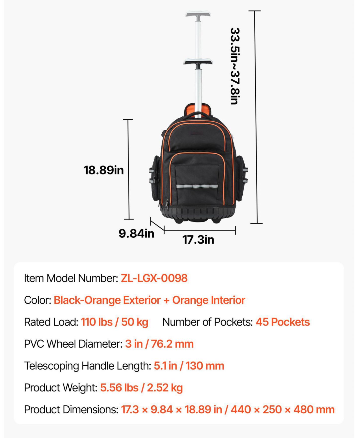 Рюкзак Mecale Rolling Tool on Wheels, 110 lb Capacity, 45 Pockets, Heavy-Duty Tool Organizer, Telescoping Handle, Stable Base, цвет: Чёрный — фото 3