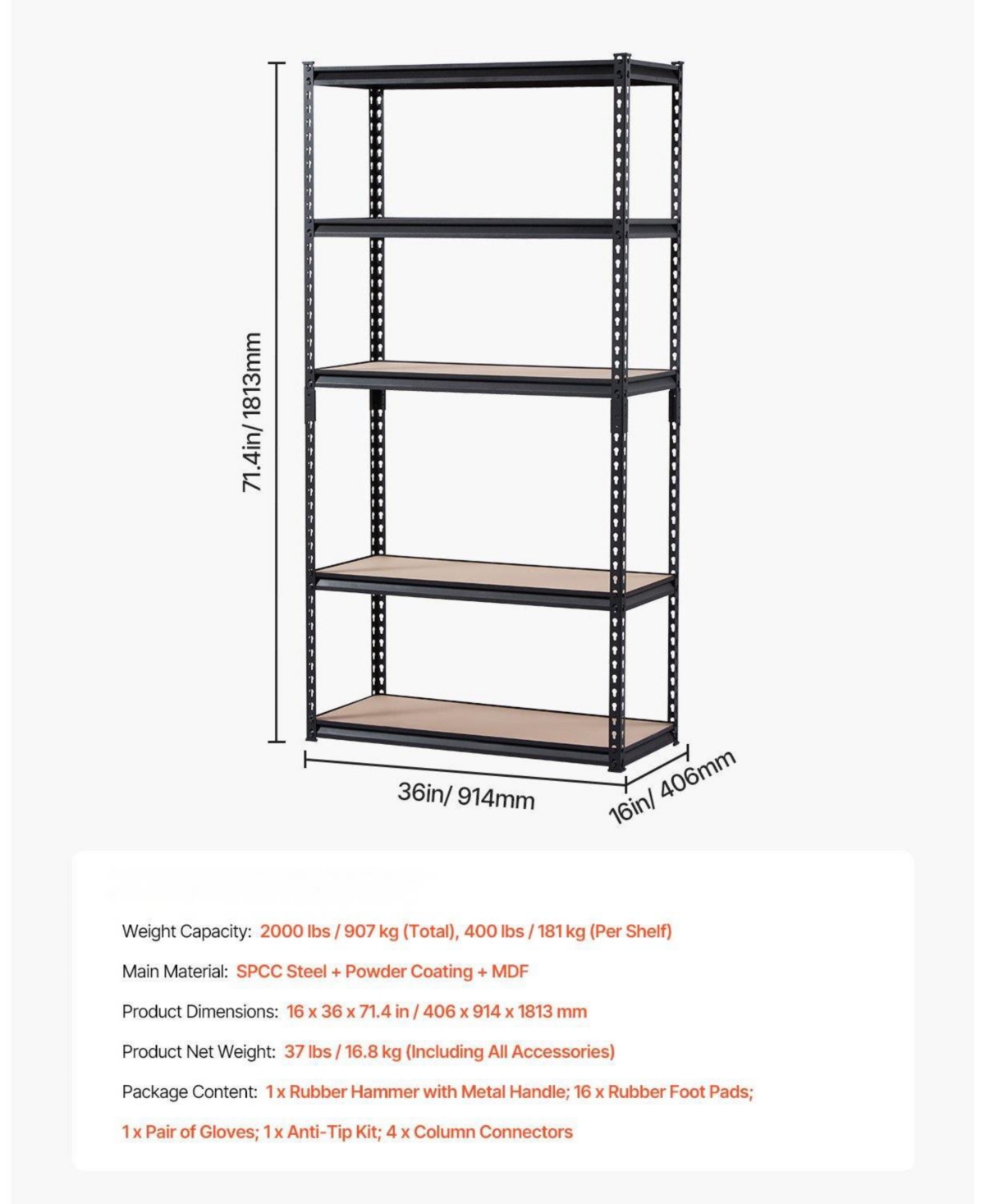 Mecale 5-Tier Storage Shelves, 2000-Lb Capacity, 16"D x 36"W x 71.4"H, Adjustable Metal Utility Rack, Black