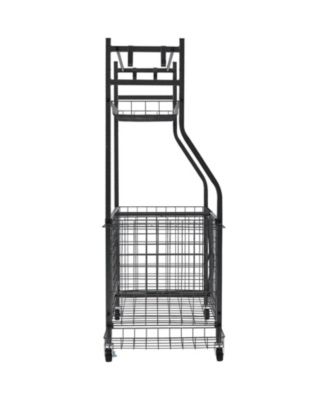Rolling Sports Equipment Organizer Cart with Ball Rack, Baskets & Hooks, Steel Storage for Garage