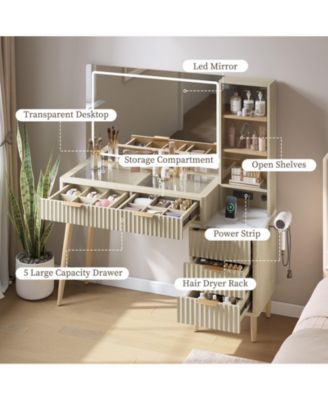 Fluted Makeup Vanity Desk with Mirror, Glass Top, Charging Station, 5 Drawers & Shelves for Bedroom