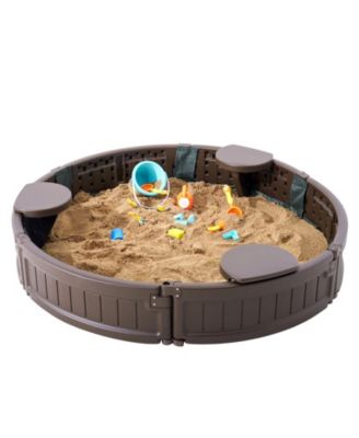Round Sandbox w/ Cover, 47.2" x 9.1", HDPE w/ 3 Corner Seats & Bottom Liner, Ages 3-12