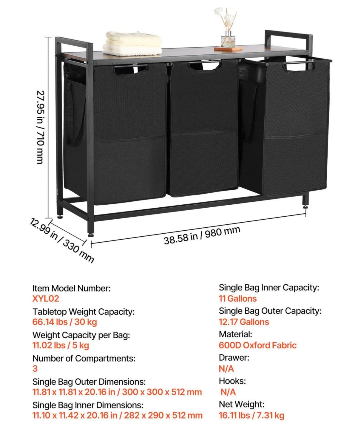 Ecooso 3-Section Laundry Sorter, Large Hamper with Wood Top, Metal Frame, Pull-Out 600D Oxford Cloth Bags, Freestanding Organizer