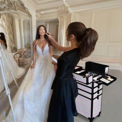 Rolling Makeup Train Case w/ Cube Case Cosmetic Organizer ForgetMeNot