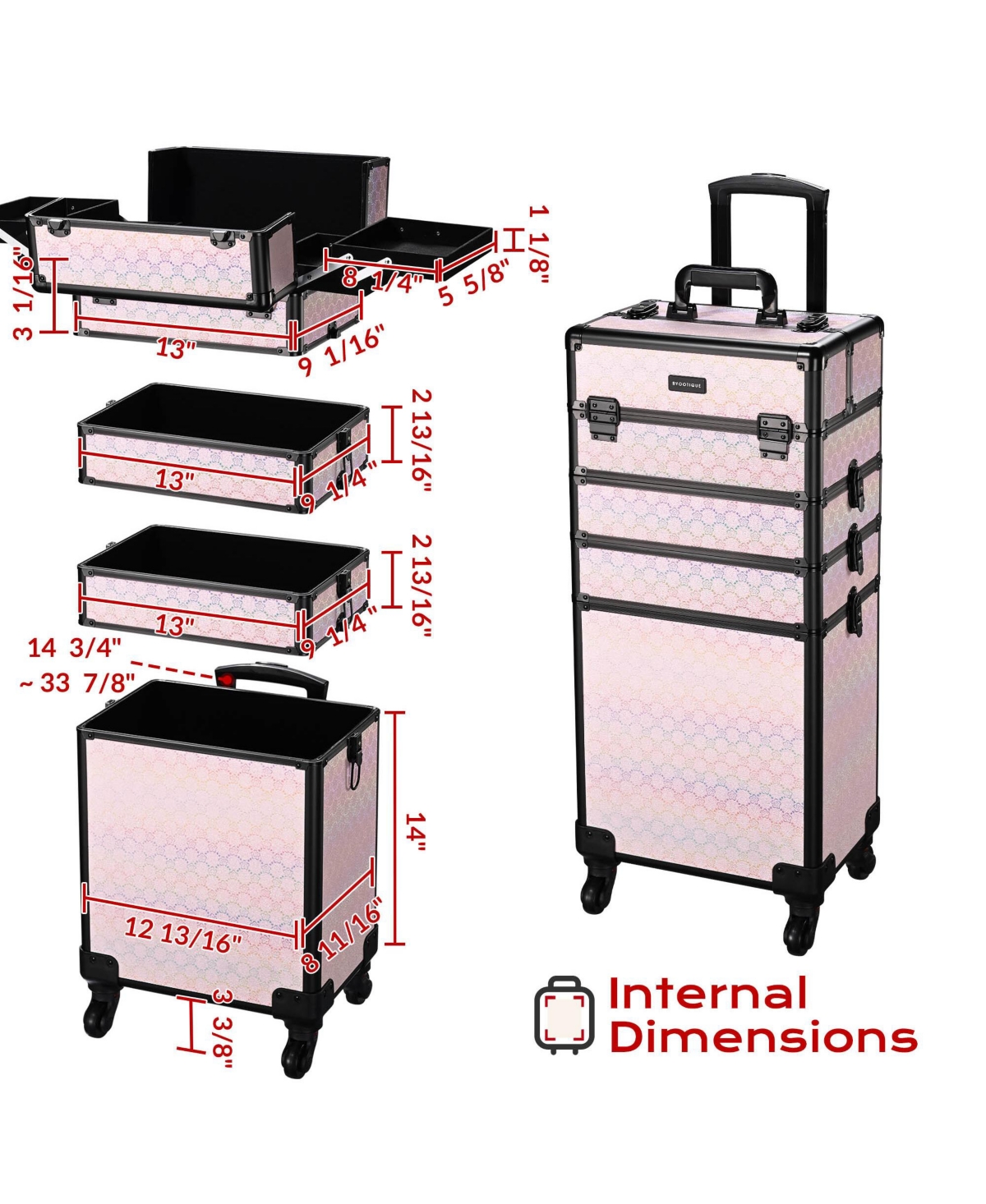 Byootique 4in1 Portable Makeup Train Case with Cube Case Cosmetic Organizer Pink