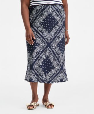Trendy Plus Size Brittany Bandana Print Pull-On Midi Slip Skirt