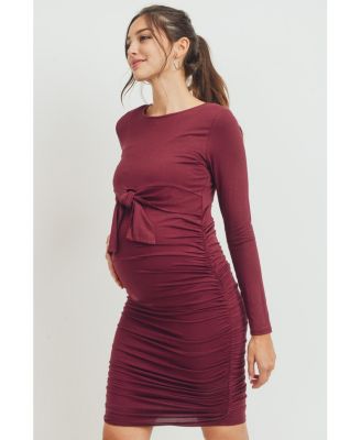 Maternity Front Tie Crew Neck Side Ruched Nursing Dress
