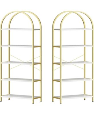 Set of 2 Modern Arched Bookcases, 5-Tier Metal Frame Shelves with Marble Finish for Living Room & Office