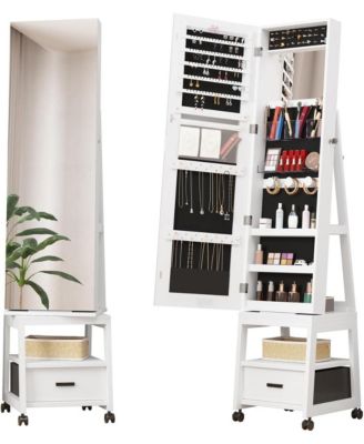 360&deg; Swivel Jewelry Armoire with Storage Shelf & Drawer – 66" H Full-Length Mirror Jewelry Floor Standing Organizer with Wheels