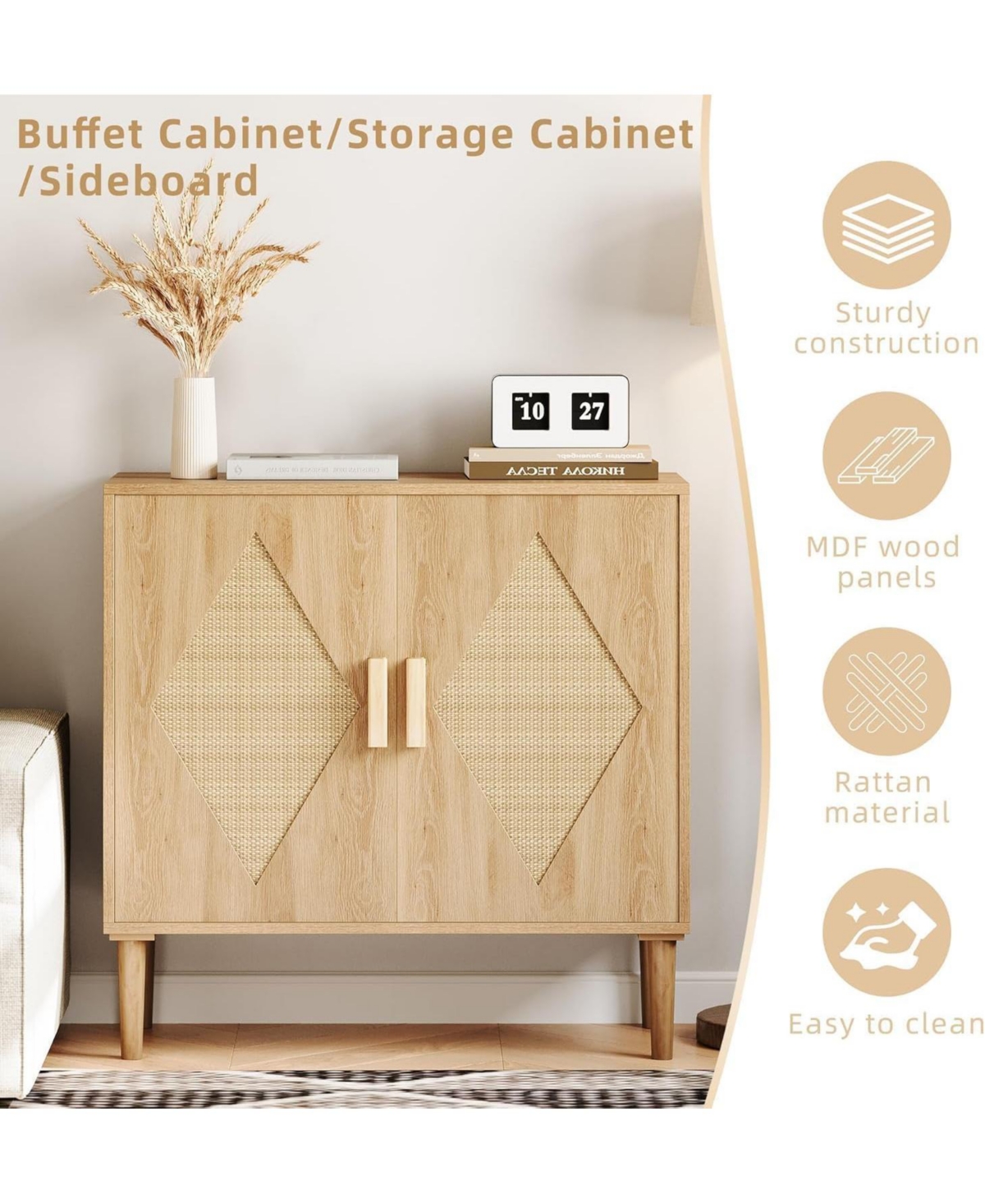 gaomon Buffet Cabinet with Storage, Sideboard with 2 Woven Rattan Doors, Adjustable Shelves & Sturdy Wood Feet