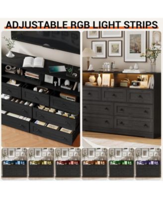 7-Drawer Dresser with LED Lights & Charging Station, Wooden Chest with 2 Open Compartments, Freestanding Storage Organizer for Bedroom, Nursery