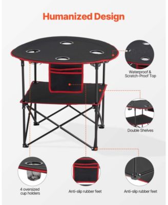 Folding Camping Table, 600D Waterproof Oxford Top with 4 Cup Holders, Carry Bag, Black