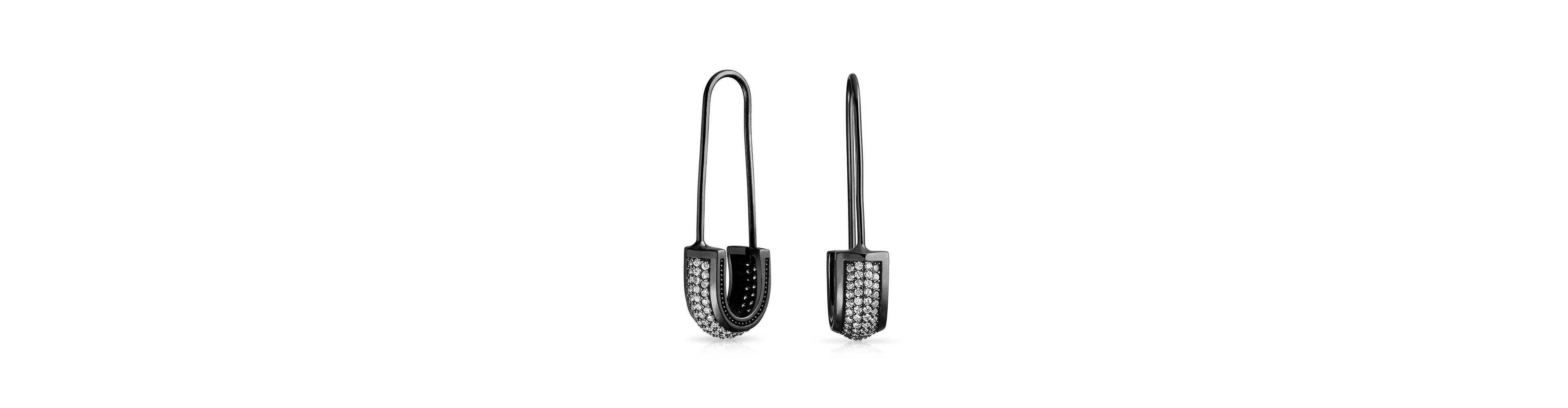 Bling Jewelry Cubic Zirconia Pave Cz Safety Pin Threader Earrings Black Plated .925 Sterling Silver