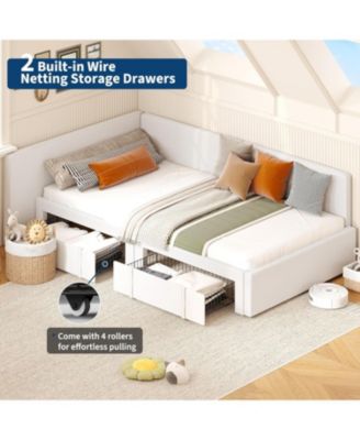 Twin Daybed with Storage Drawers, Velvet Upholstered Corner Bed Frame, Adjustable Headboard & Guardrails