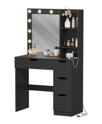 Modern Vanity Desk with Mirror, Power Outlet, 4 Drawer & Three Level Storage