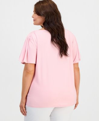 Plus Size Crewneck Cascade-Flutter-Sleeve Top