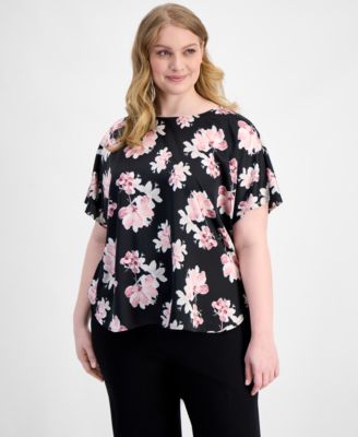 Plus Size Printed Satin Short-Sleeve Top