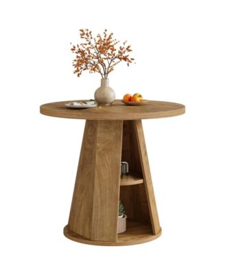 Round Dining Table for 2–4, 31.5" Small Farmhouse Kitchen Table with 2-Tier Storage Shelf, Space-Saving Wood Dining Table, Light Brown