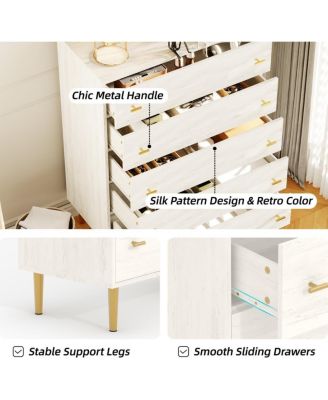 44 Inch Tall 5 Drawer Farmhouse Dresser, Rustic White Chest with Bar Handles, Large Storage, Bedroom, Living Room