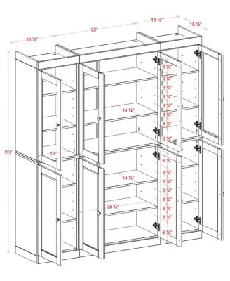 100% Solid Wood Pantry China Cabinet, Clear Glass & Shaker Doors, Adjustable Shelves, 65" Wide, 71.5" Tall