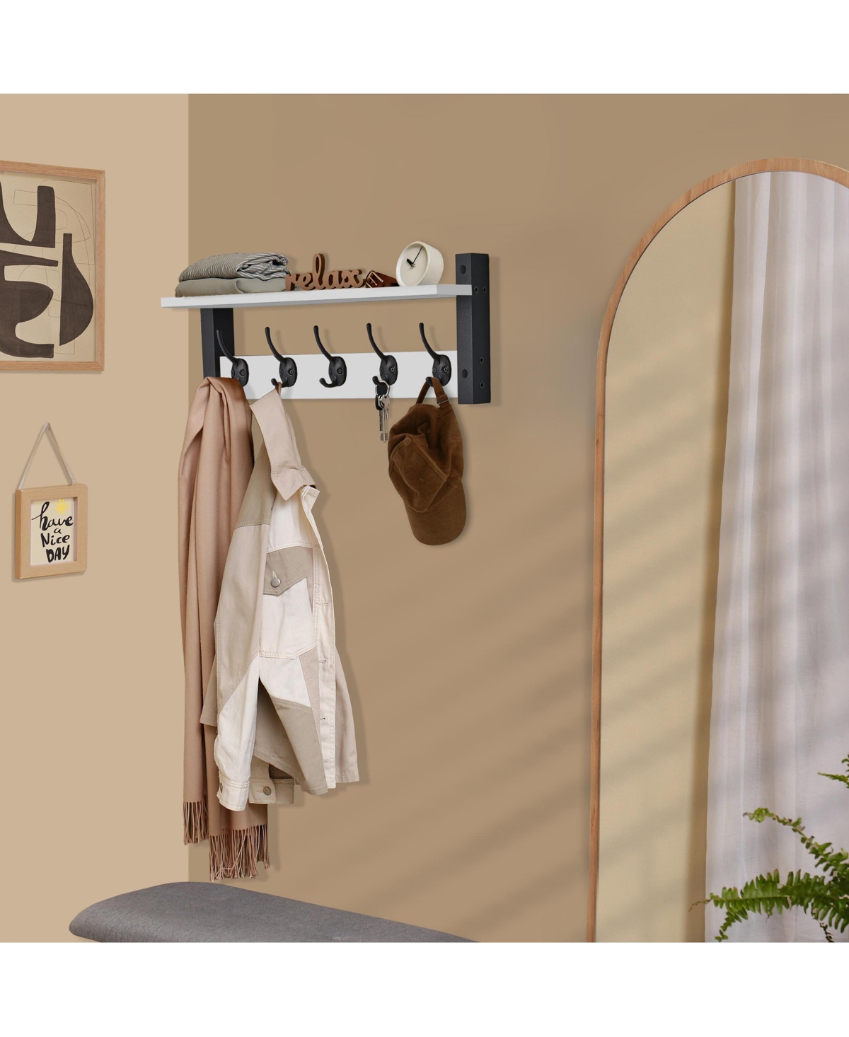 Sorbus Inch Floating Wall Shelf with 5 Heavy Duty Hooks – for Entryway, Bathroom, Bedroom, Kitchen