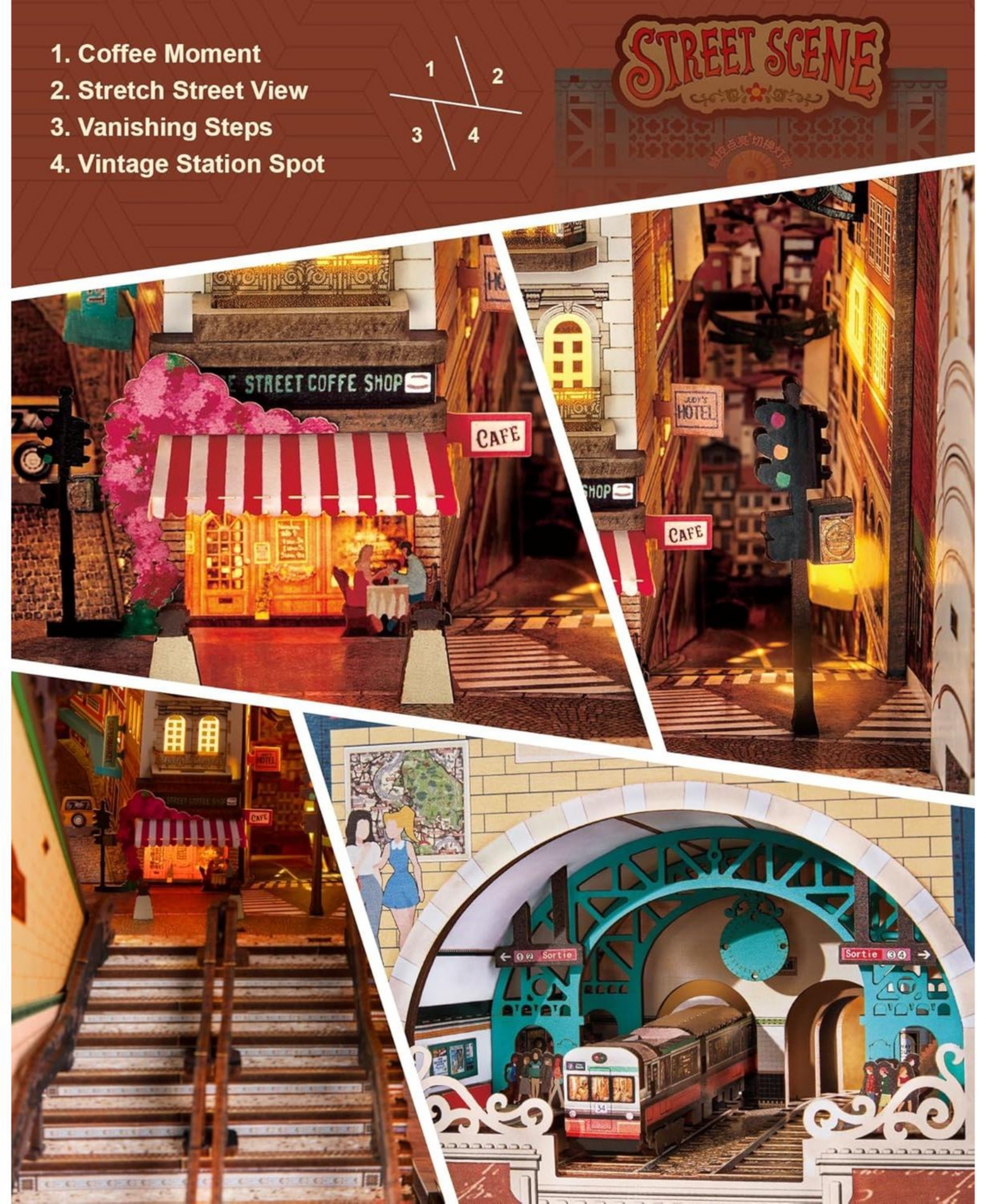 Robotime Book Nook Kits Diy 3D Puzzle 10" Subway Urban Street Scene Decorative Bookends Bookshelf