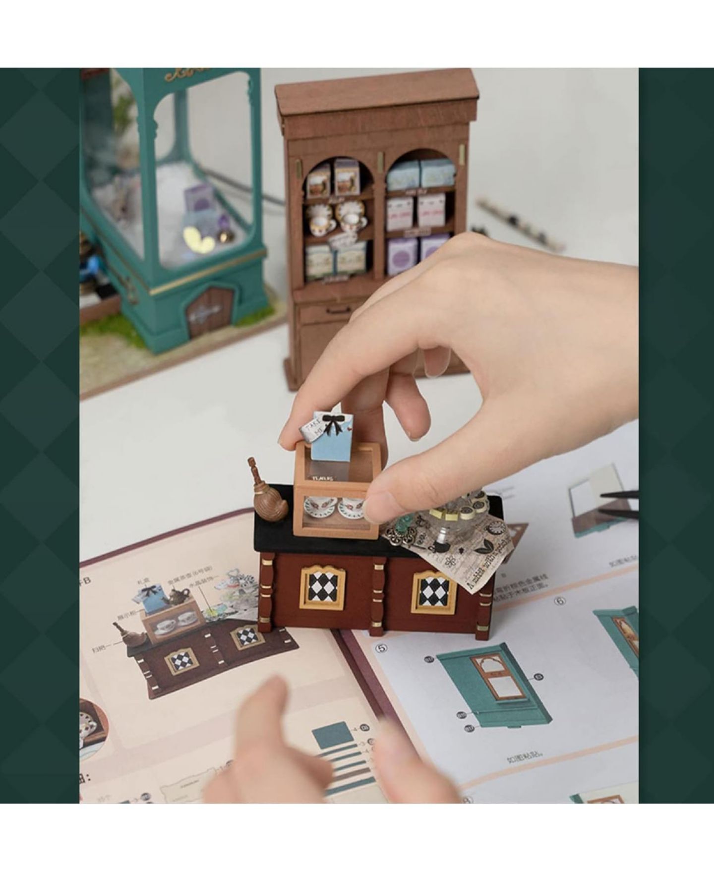Детские куклы Robotime Alice's Tea Store 1:24 Scale Plywood DIY Miniature House Kit with LED Light, Ages 14+ — фото 4
