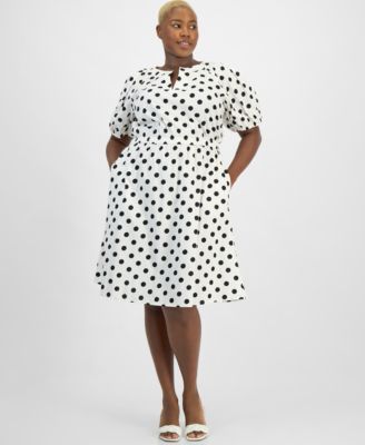 Plus Size Dot-Print Puff-Sleeve Smocked-Waist Midi Dress  