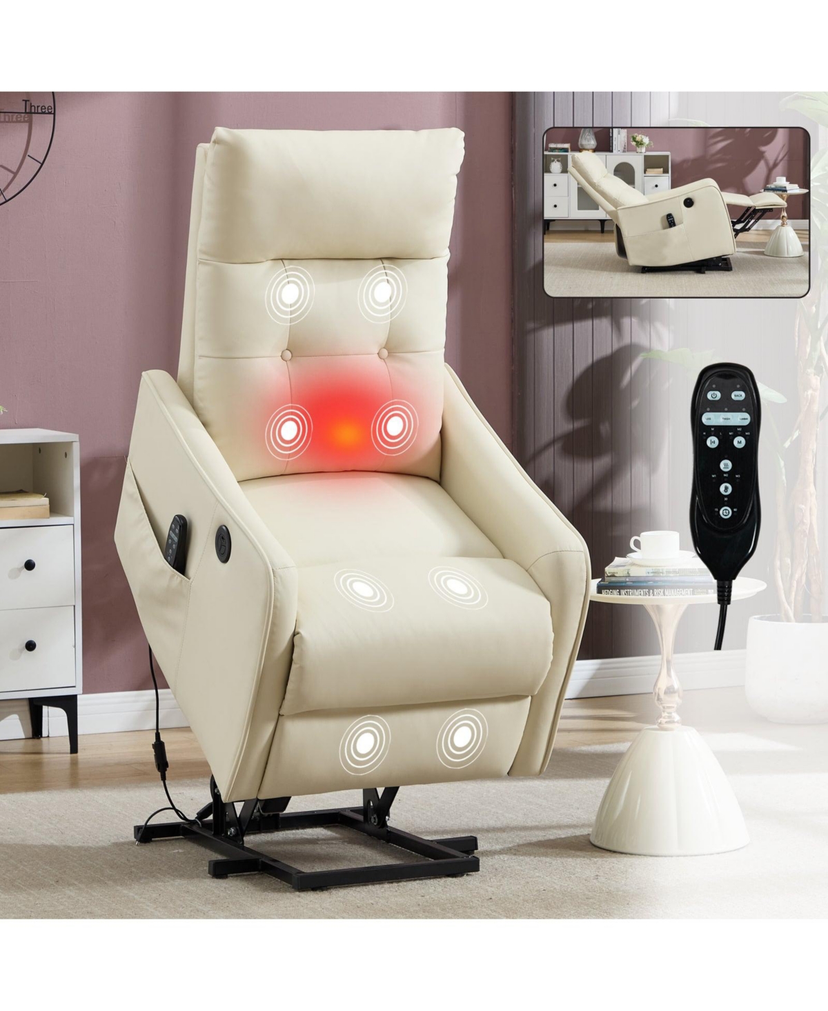 Boyel Living Faux Leather Power Lift Recliner Chair 155° with Massage Heat Usb for Indoor Elderly