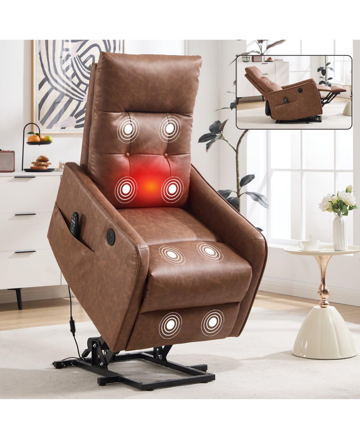 Boyel Living Faux Leather Power Lift Recliner Chair 155° with Massage Heat Usb for Indoor Elderly