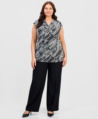 Plus Size Printed Cowlneck Cap-Sleeve Knit Top